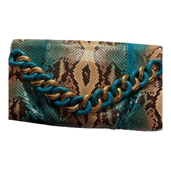 Michael Kors Handbags - Michael Kors Teal and Natural Python-Print Chain Clutch